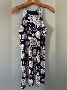 AQUA Bloomingdale’s Navy Pink Peony Floral Halter Neck Dress | M